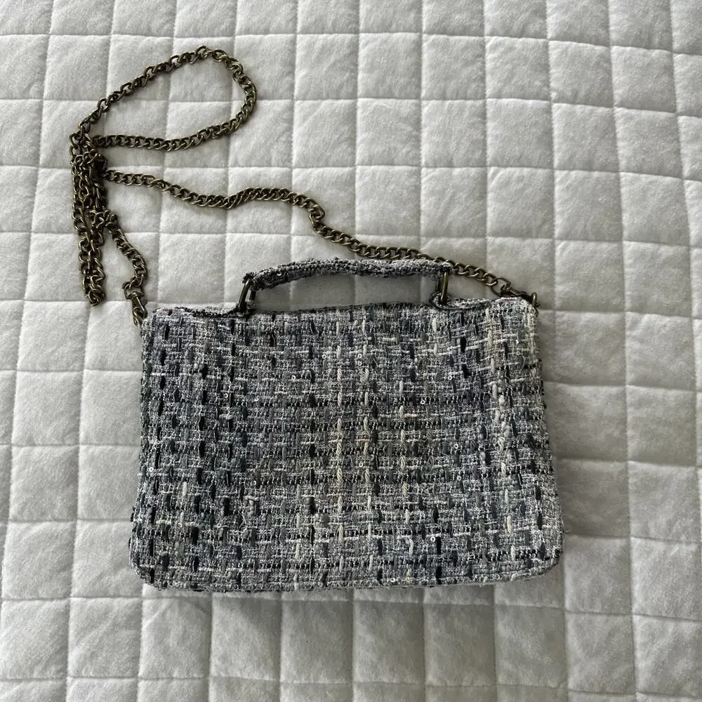 America & Beyond Shoulder Bag Blue Tweed Beaded Chain Crossbody Strap Preppy